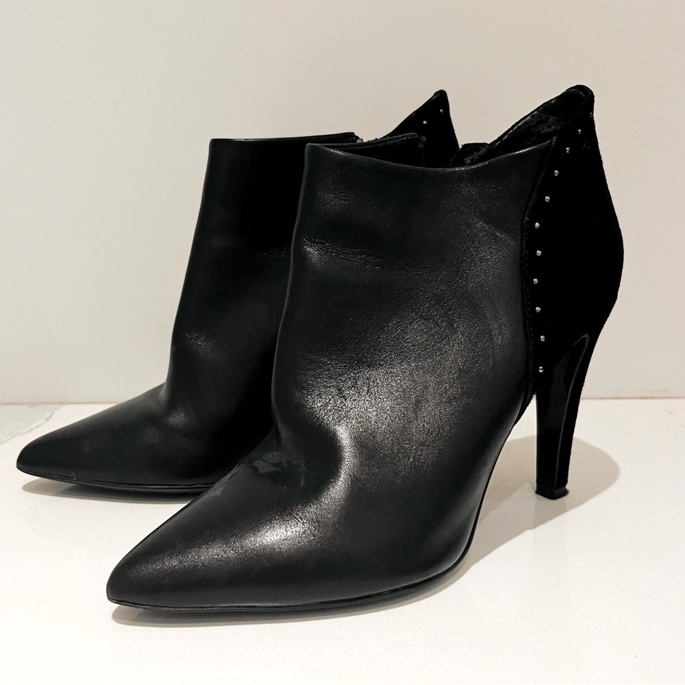 Mint Velvet, black leather point toe stiletto bootie.